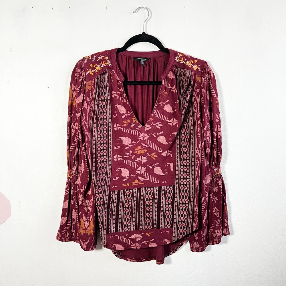 Lucky Brand Peasant Top Sz Small Flare Sleeve Bohemian‎ Boho Western Hippie Red